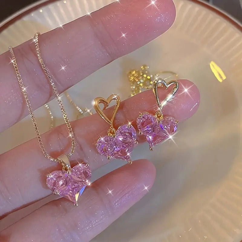 3pcs Heart Earrings Necklace Set