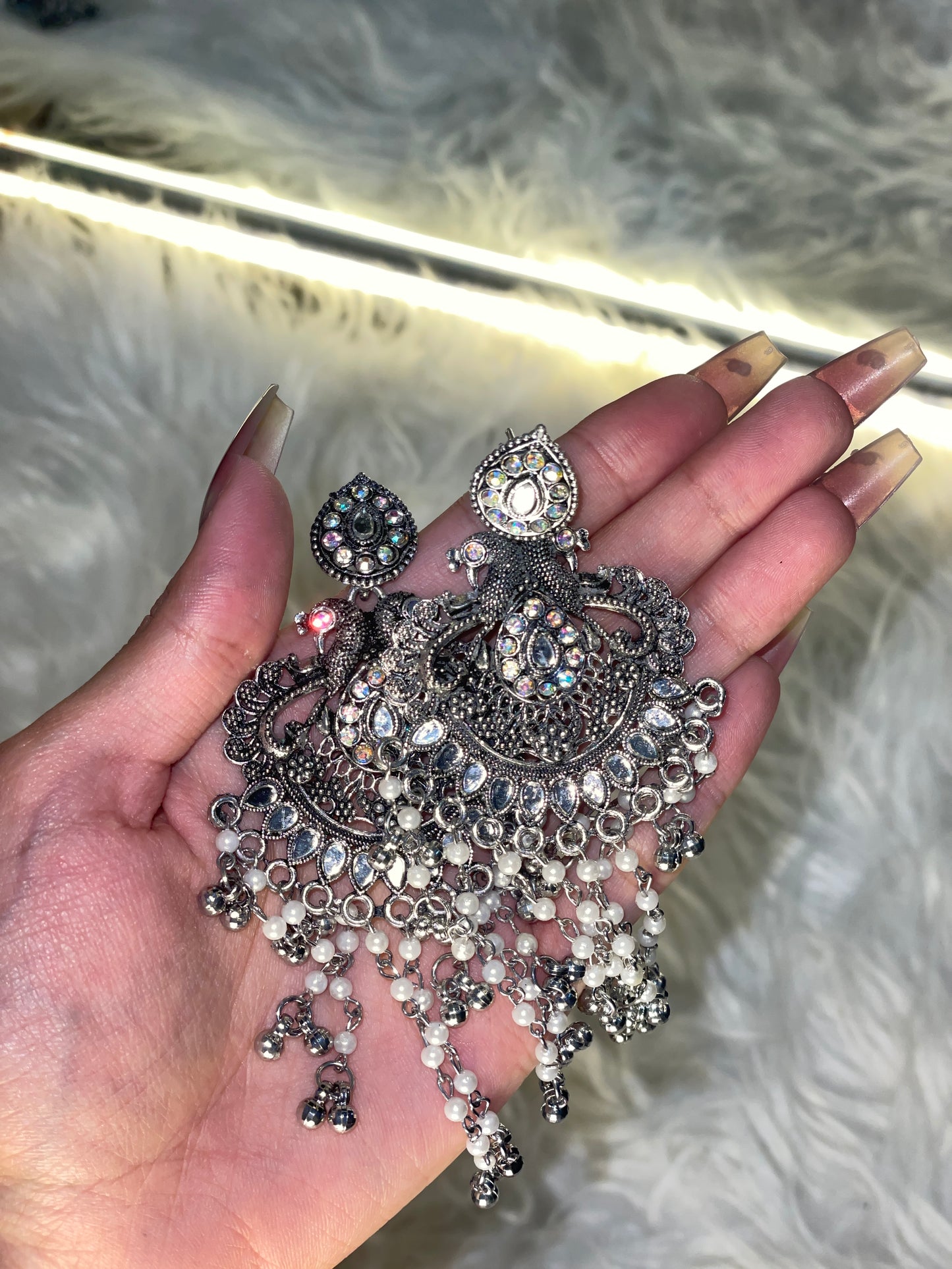 Noor-E-Chand Antique Silver Pearl Chandbali Jhumka