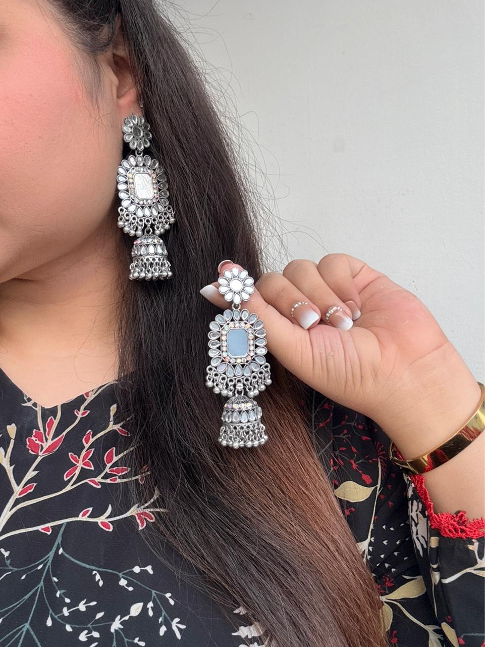 Shahi Mirror Kundan Jhumka Earrings