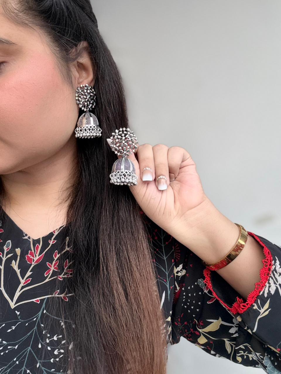Regal Bloom Oxidized Jhumka Earrings