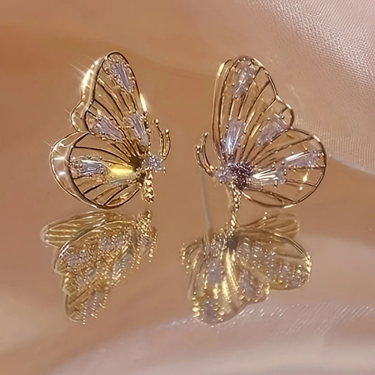 Exquisite Inlaid Synthetic Zirconia Golden Butterfly Earrings Women's Gift Banquet Daily Wear Elegant Earrings