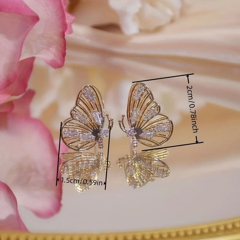 Exquisite Inlaid Synthetic Zirconia Golden Butterfly Earrings Women's Gift Banquet Daily Wear Elegant Earrings