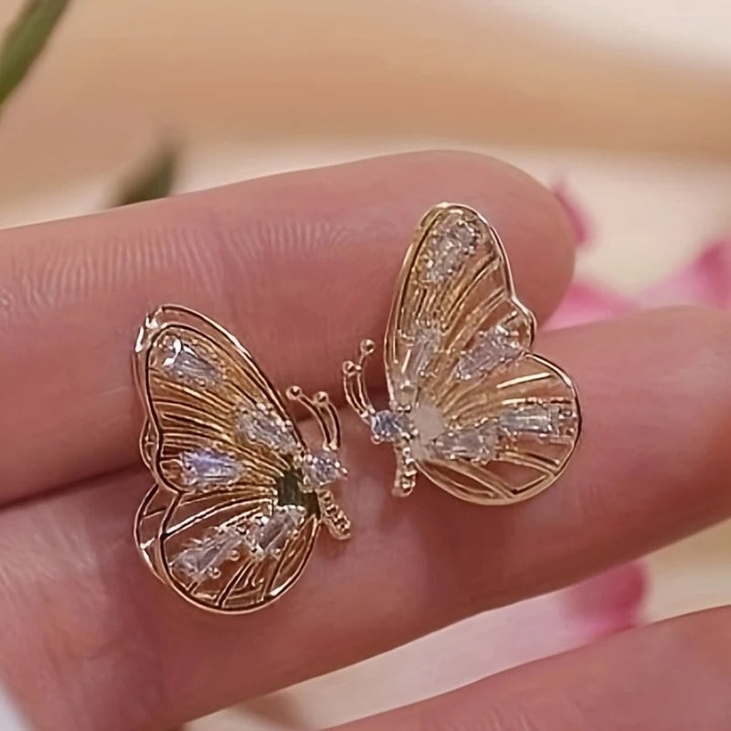 Exquisite Inlaid Synthetic Zirconia Golden Butterfly Earrings Women's Gift Banquet Daily Wear Elegant Earrings
