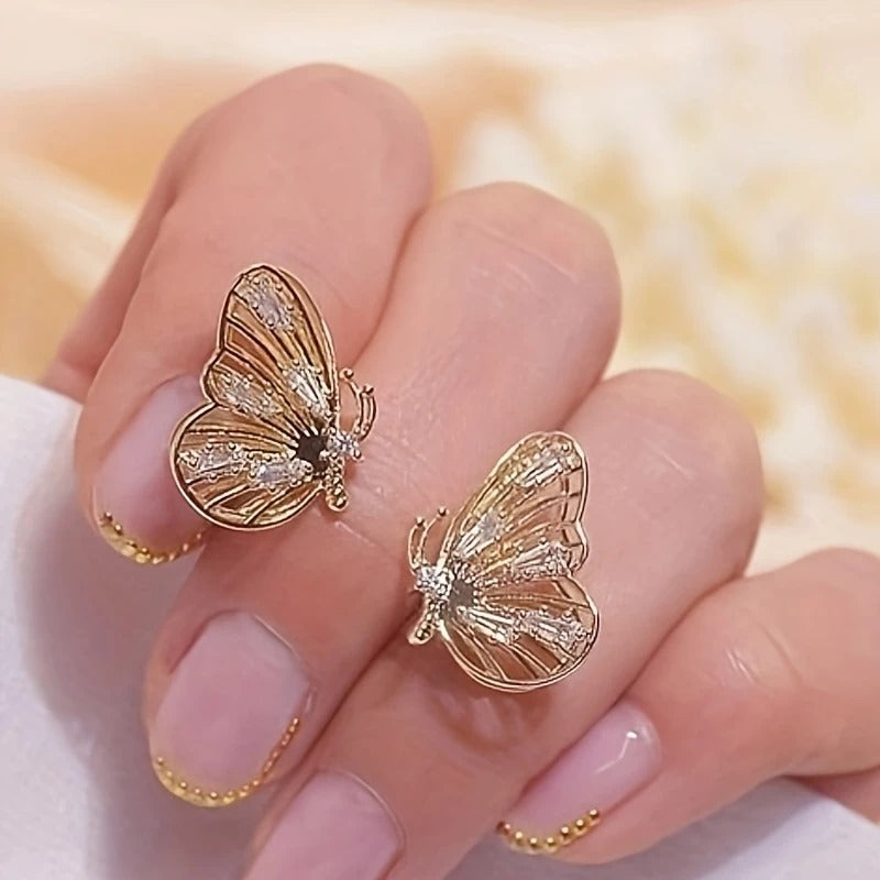 Exquisite Inlaid Synthetic Zirconia Golden Butterfly Earrings Women's Gift Banquet Daily Wear Elegant Earrings