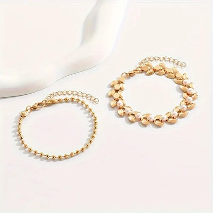 2pcs Elegant Golden Wheat-Shaped Bracelets with Pearls