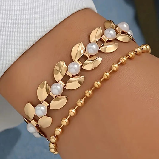 2pcs Elegant Golden Wheat-Shaped Bracelets with Pearls