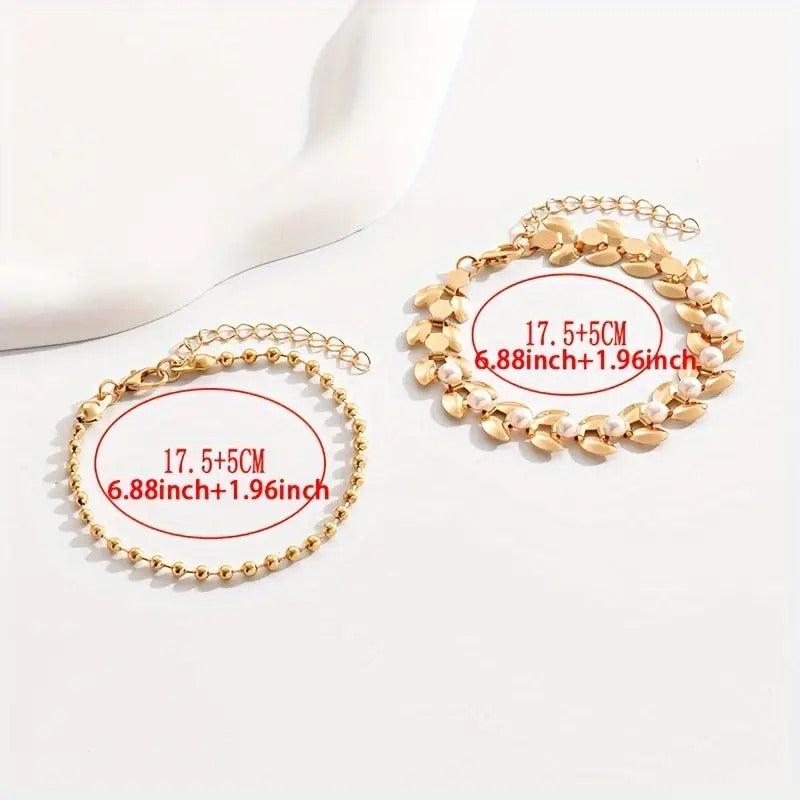 2pcs Elegant Golden Wheat-Shaped Bracelets with Pearls