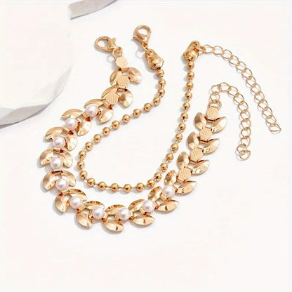 2pcs Elegant Golden Wheat-Shaped Bracelets with Pearls