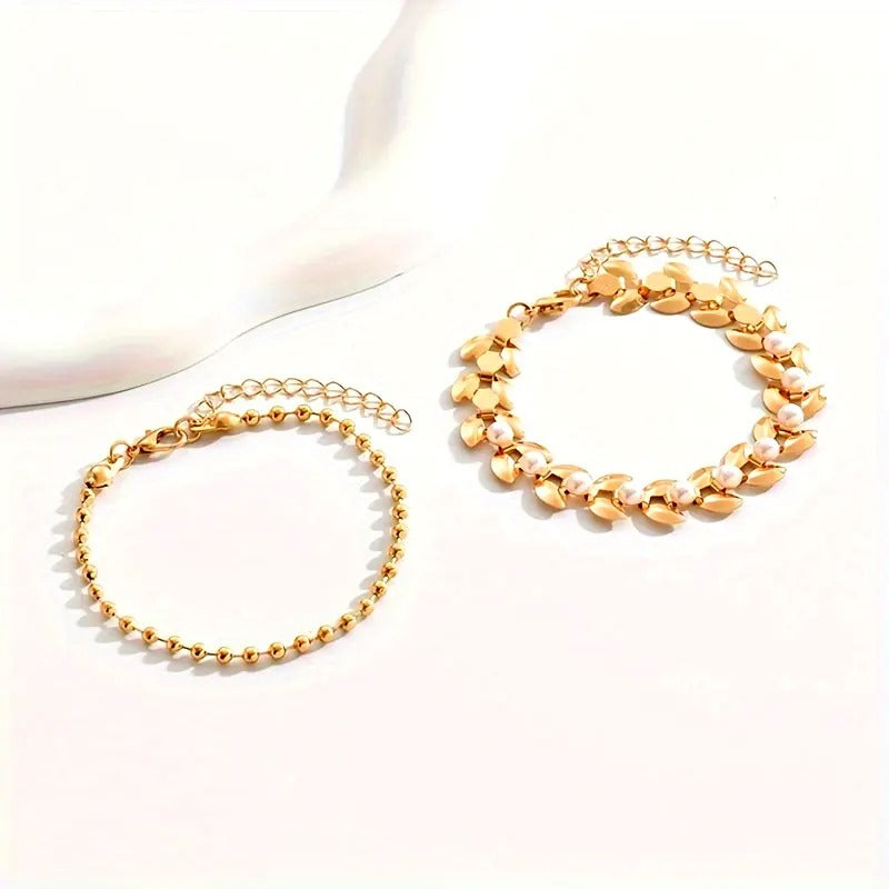 2pcs Elegant Golden Wheat-Shaped Bracelets with Pearls