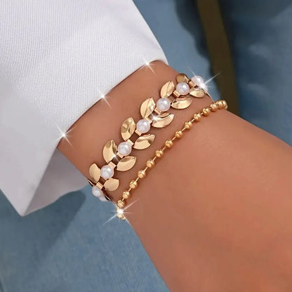 2pcs Elegant Golden Wheat-Shaped Bracelets with Pearls