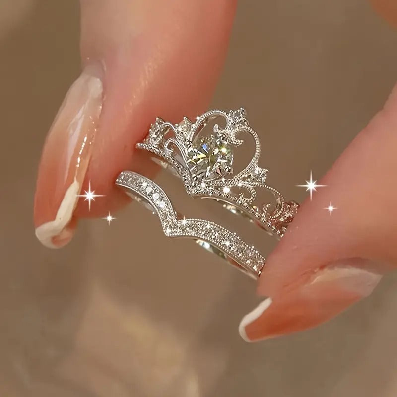 Elegant Crown Princess-Inspired Rhinestone Ring Set, Adjustable Open-End Rings