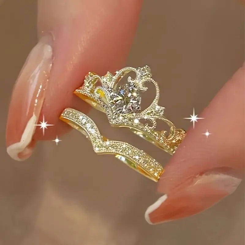 Elegant Crown Princess-Inspired Rhinestone Ring Set, Adjustable Open-End Rings