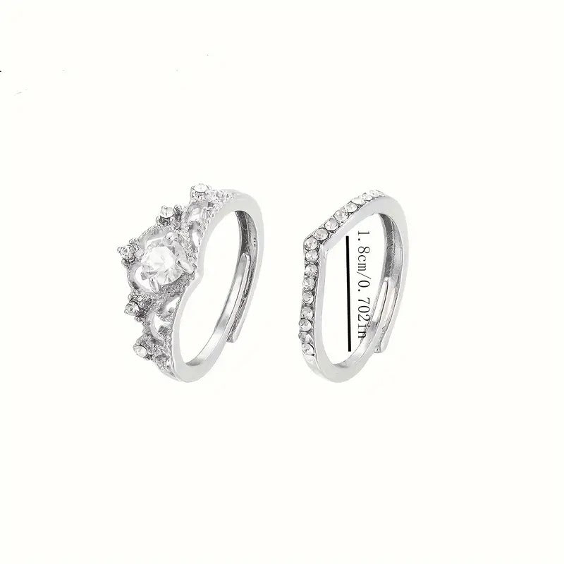 Elegant Crown Princess-Inspired Rhinestone Ring Set, Adjustable Open-End Rings