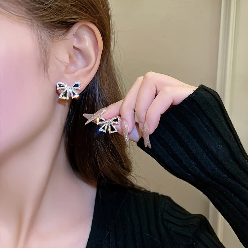 Elegant Black Bow Stud Earrings with Sparkling Cubic Zirconia