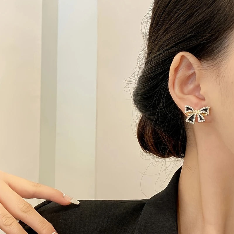 Elegant Black Bow Stud Earrings with Sparkling Cubic Zirconia