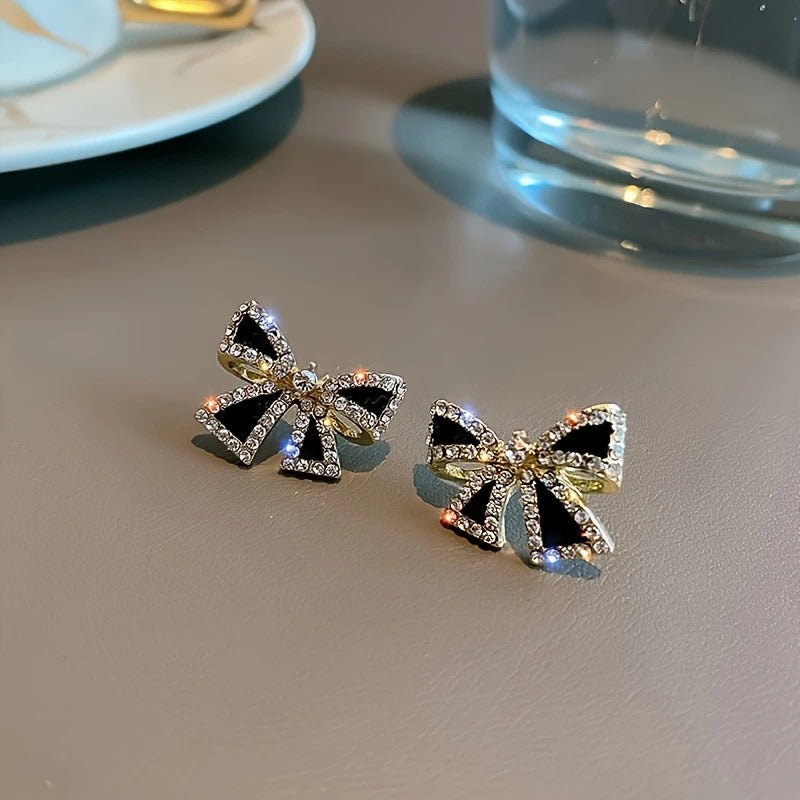 Elegant Black Bow Stud Earrings with Sparkling Cubic Zirconia