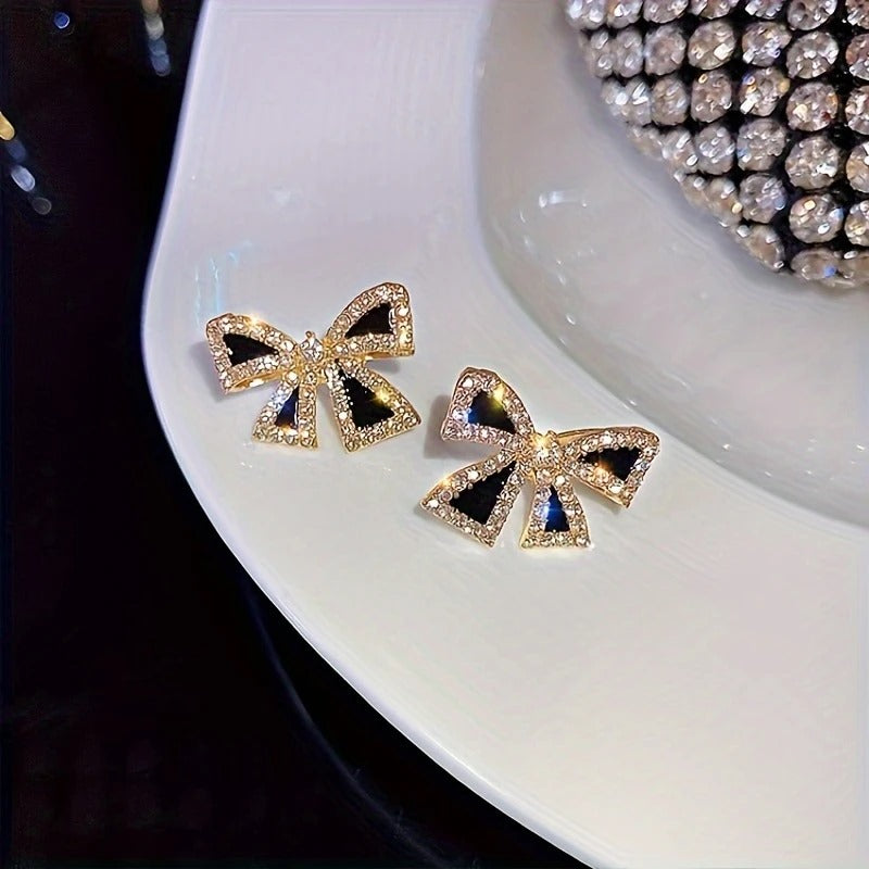 Elegant Black Bow Stud Earrings with Sparkling Cubic Zirconia