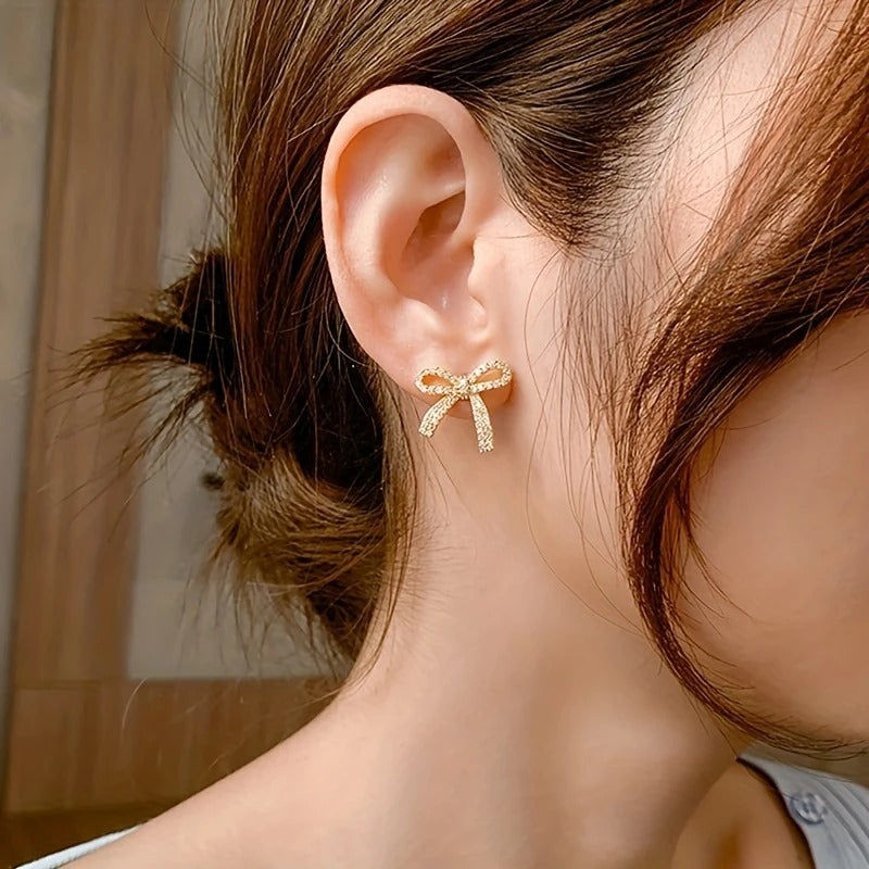 Exquisite Golden Bowknot Design With Shiny zirconia Decor Stud Earrings Elegant Cute Style Alloy Jewelry Gift For Lovers
