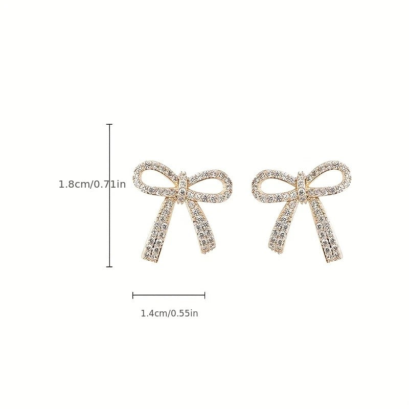 Exquisite Golden Bowknot Design With Shiny zirconia Decor Stud Earrings Elegant Cute Style Alloy Jewelry Gift For Lovers