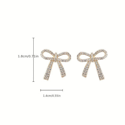 Exquisite Golden Bowknot Design With Shiny zirconia Decor Stud Earrings Elegant Cute Style Alloy Jewelry Gift For Lovers