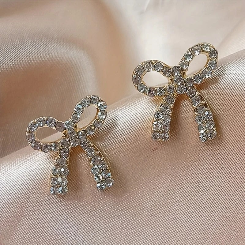 Exquisite Golden Bowknot Design With Shiny zirconia Decor Stud Earrings Elegant Cute Style Alloy Jewelry Gift For Lovers