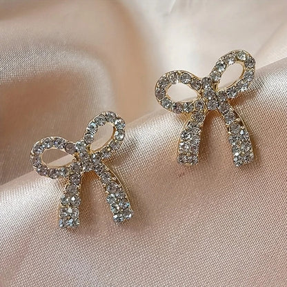 Exquisite Golden Bowknot Design With Shiny zirconia Decor Stud Earrings Elegant Cute Style Alloy Jewelry Gift For Lovers