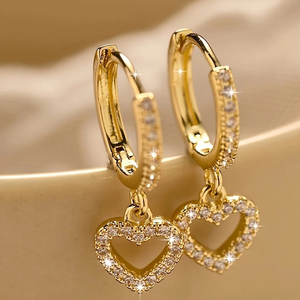 18K Golden Plated Copper Hoop Earrings with Heart Drop Pendant, Synthetic 3A Zirconia