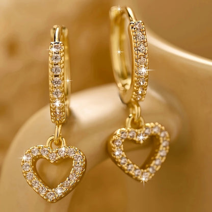 18K Golden Plated Copper Hoop Earrings with Heart Drop Pendant, Synthetic 3A Zirconia
