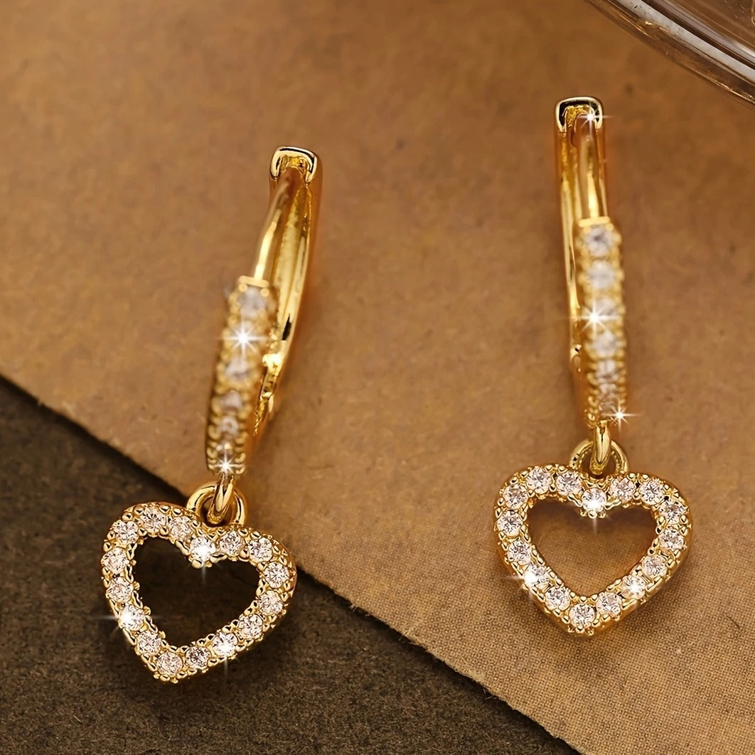 18K Golden Plated Copper Hoop Earrings with Heart Drop Pendant, Synthetic 3A Zirconia