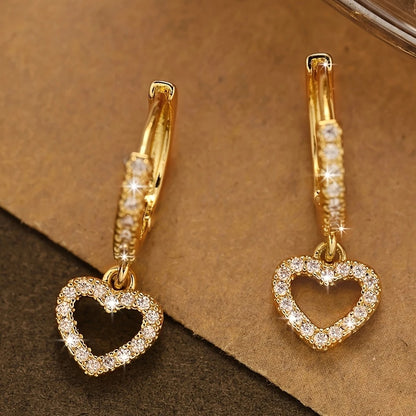 18K Golden Plated Copper Hoop Earrings with Heart Drop Pendant, Synthetic 3A Zirconia