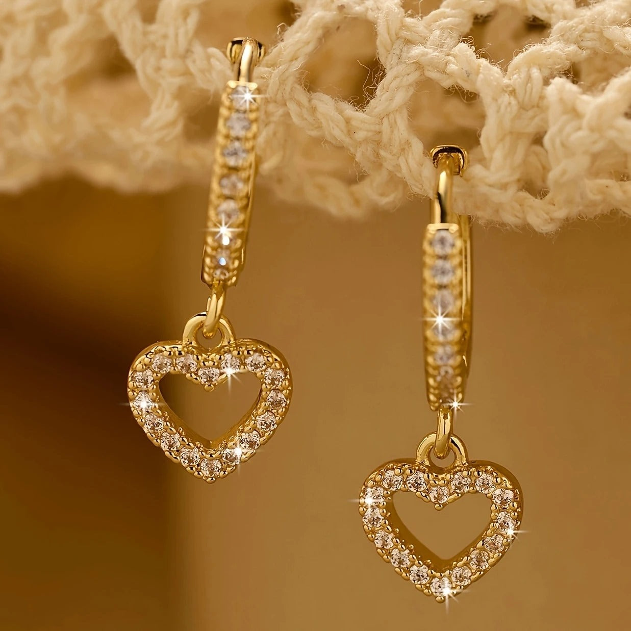 18K Golden Plated Copper Hoop Earrings with Heart Drop Pendant, Synthetic 3A Zirconia