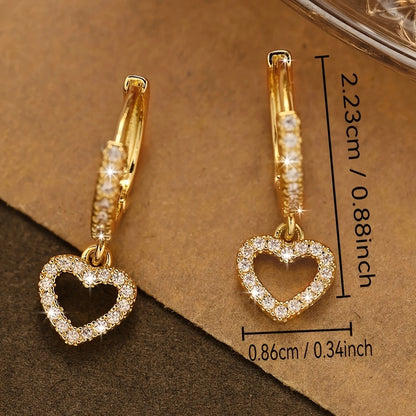18K Golden Plated Copper Hoop Earrings with Heart Drop Pendant, Synthetic 3A Zirconia