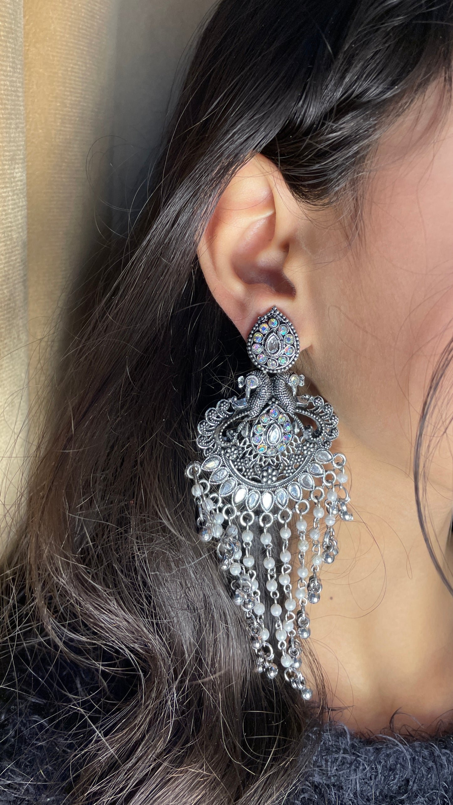 Noor-E-Chand Antique Silver Pearl Chandbali Jhumka