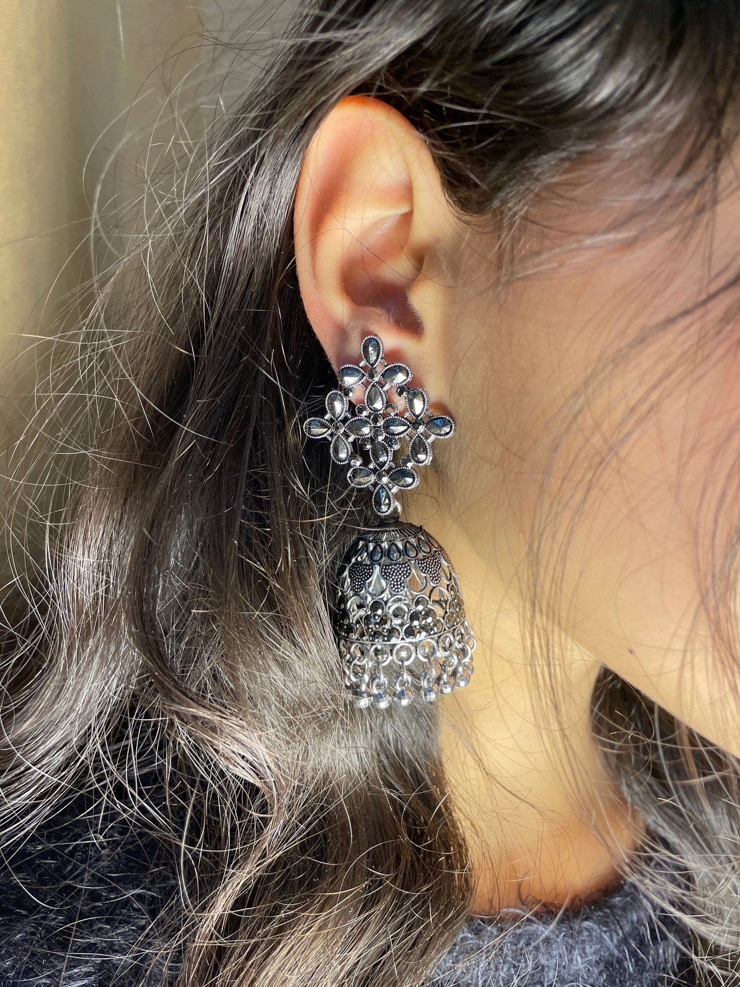 Floral Stone Jhumka Earrings