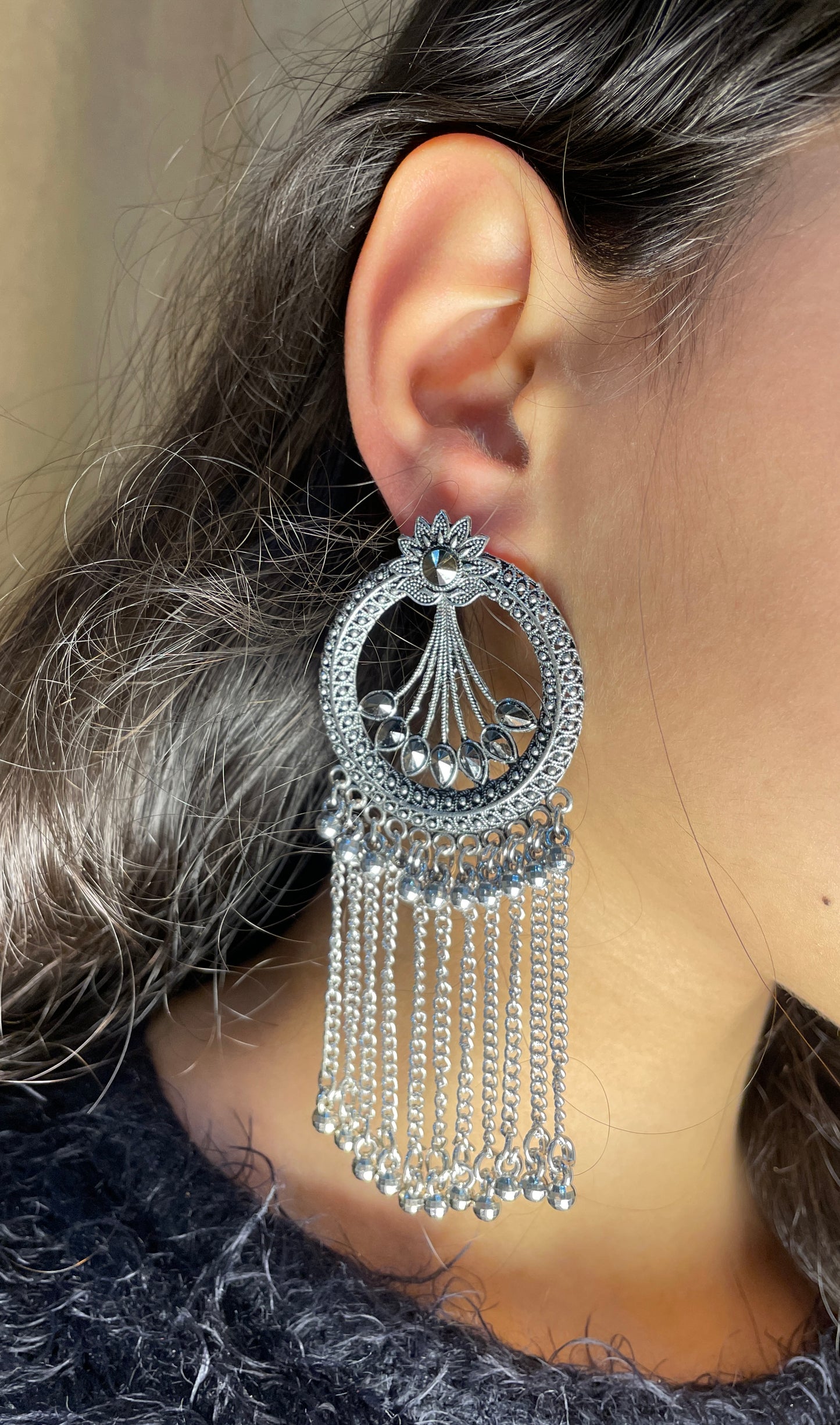 Noor Oxidized Silver Chandbali Tassel Earrings