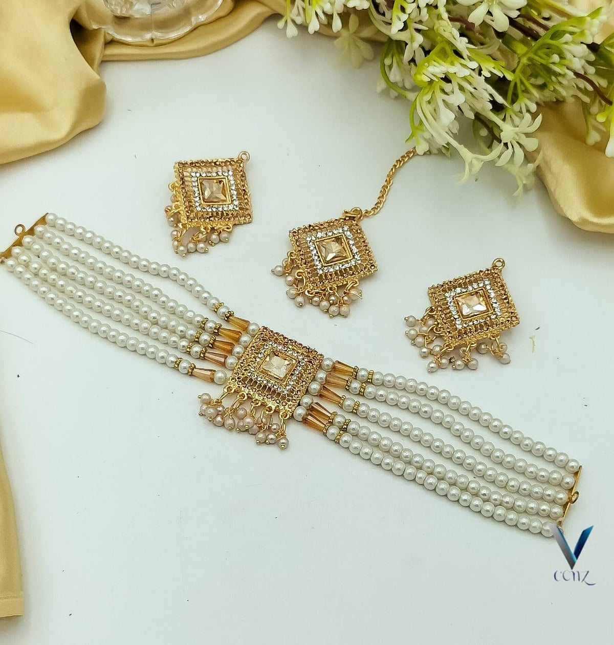 New Stylish & fancy Pearl Choker Patti  Necklace set with earrings and Tika for Girls and Women