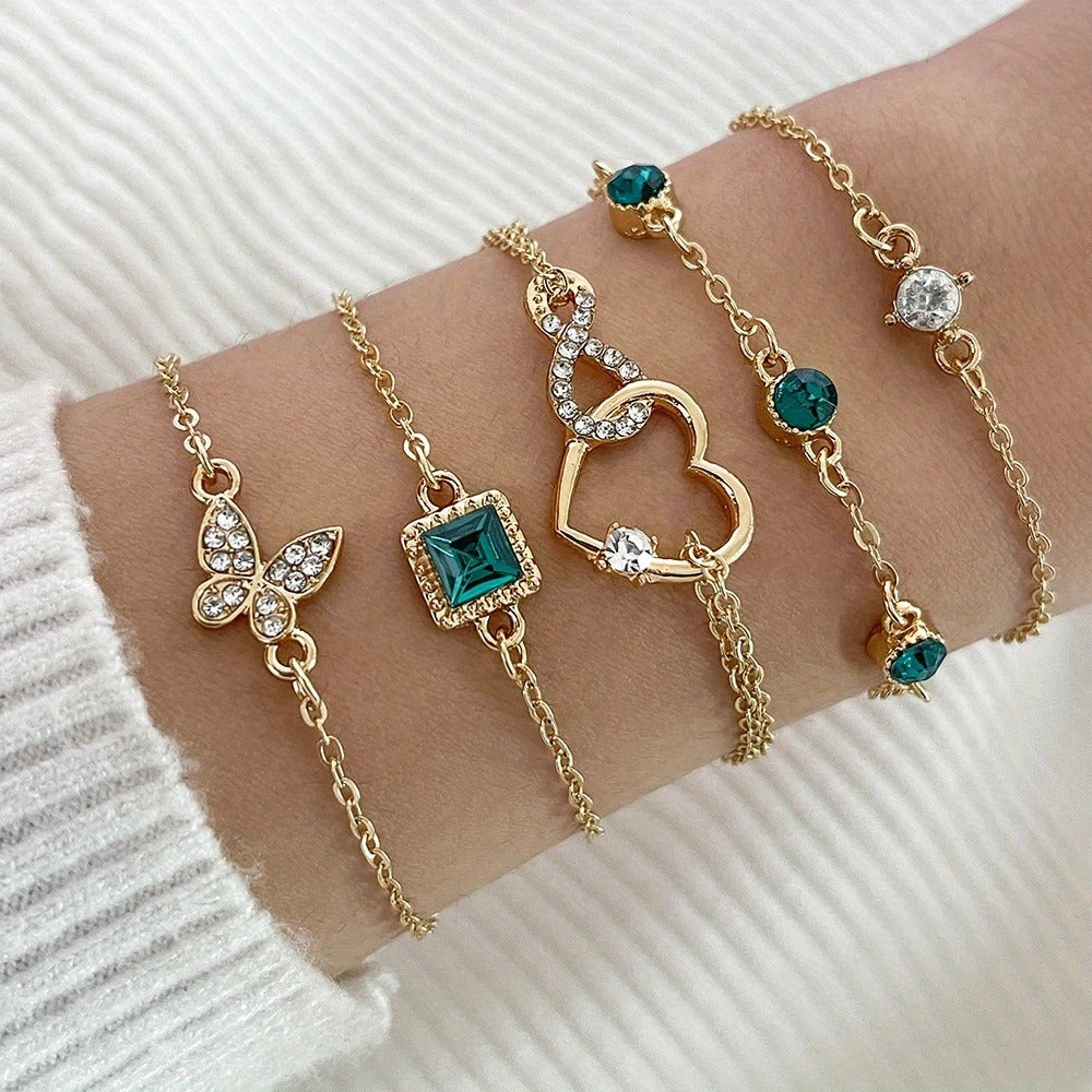 Golden Heart/ Butterfly Shape Design Bracelet Set Inlaid Shiny Green/ White Rhinestone, Fashion Delicate Accessory For Daily Wear & Banquet