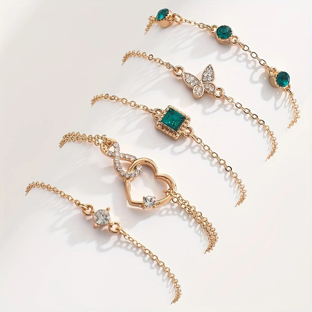 Golden Heart/ Butterfly Shape Design Bracelet Set Inlaid Shiny Green/ White Rhinestone, Fashion Delicate Accessory For Daily Wear & Banquet