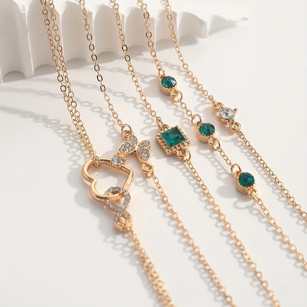 Golden Heart/ Butterfly Shape Design Bracelet Set Inlaid Shiny Green/ White Rhinestone, Fashion Delicate Accessory For Daily Wear & Banquet