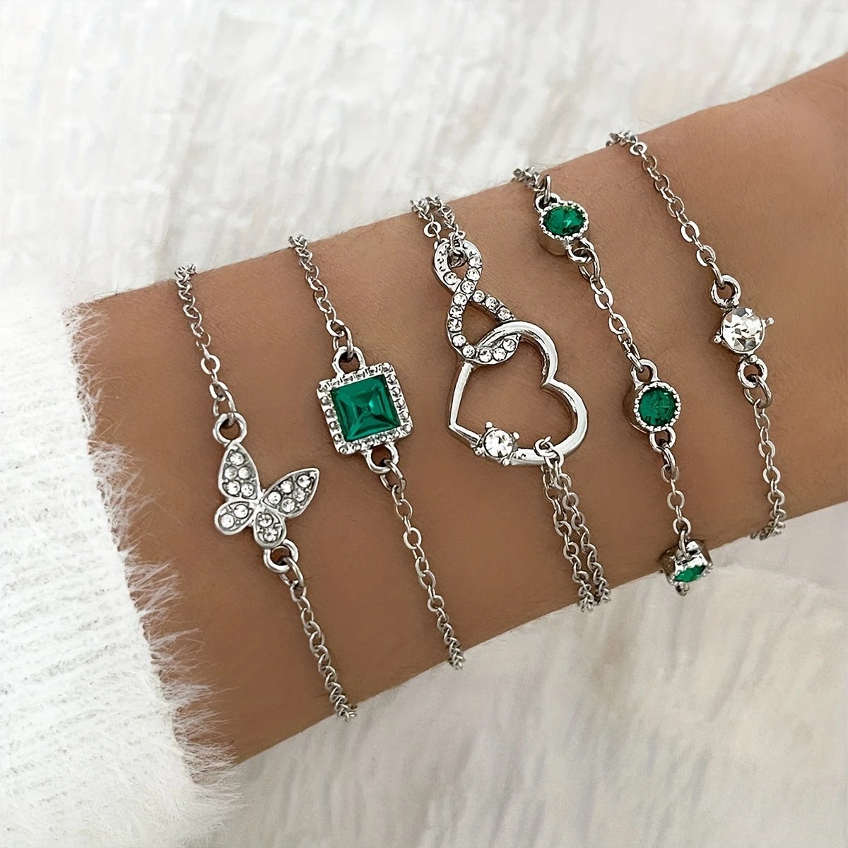 Golden Heart/ Butterfly Shape Design Bracelet Set Inlaid Shiny Green/ White Rhinestone, Fashion Delicate Accessory For Daily Wear & Banquet