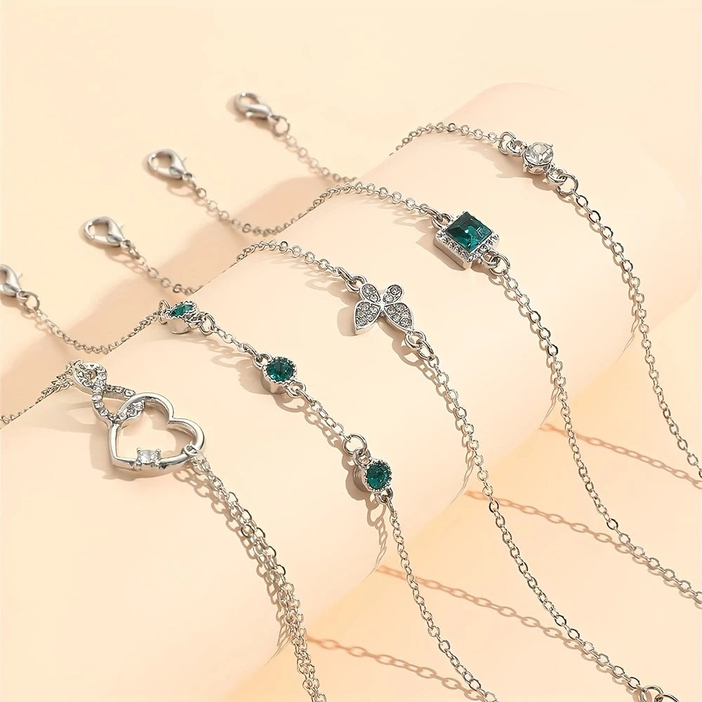Golden Heart/ Butterfly Shape Design Bracelet Set Inlaid Shiny Green/ White Rhinestone, Fashion Delicate Accessory For Daily Wear & Banquet