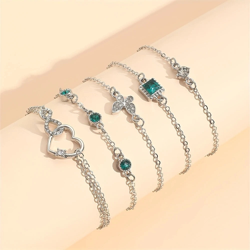 Golden Heart/ Butterfly Shape Design Bracelet Set Inlaid Shiny Green/ White Rhinestone, Fashion Delicate Accessory For Daily Wear & Banquet