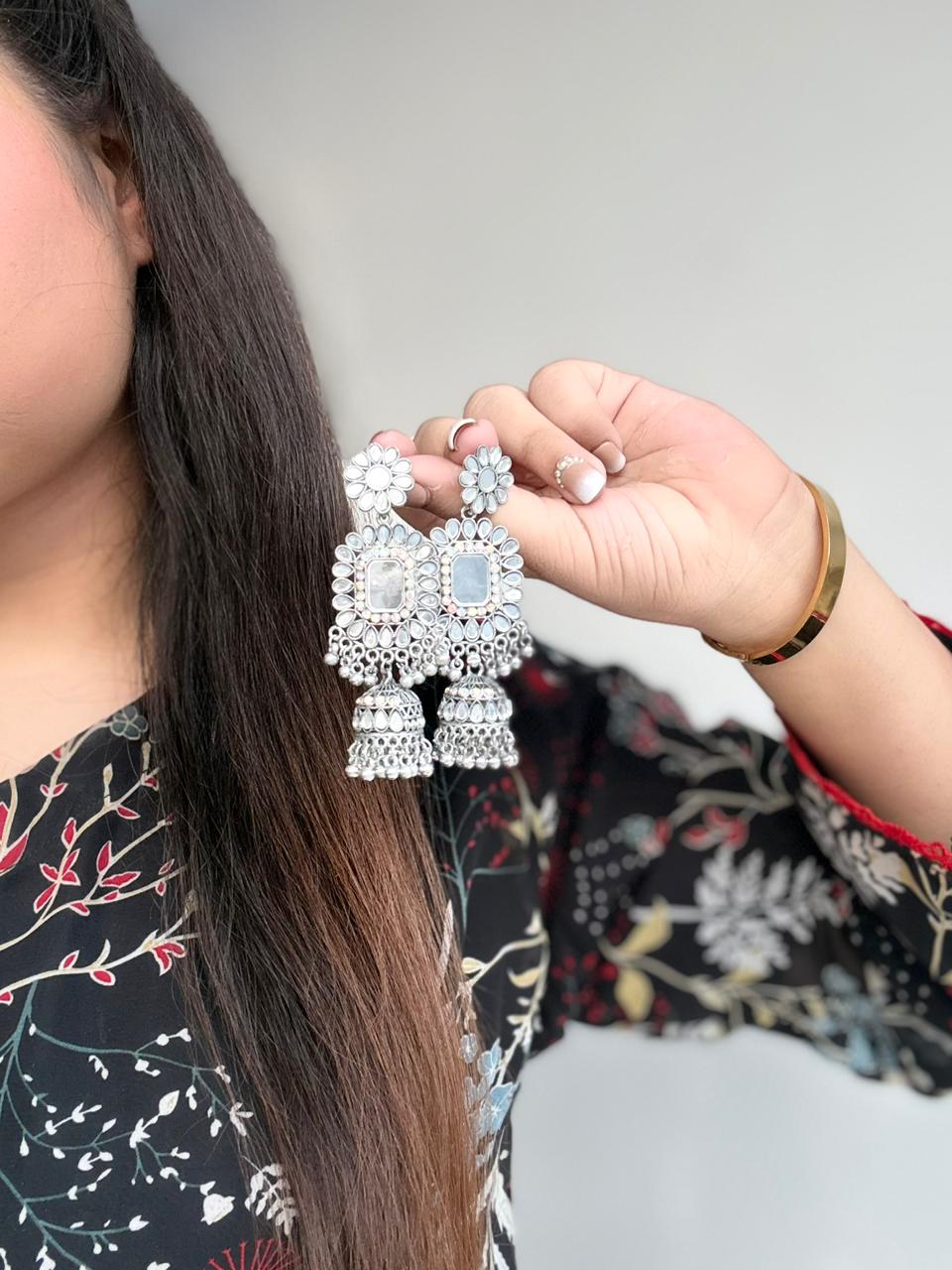 Shahi Mirror Kundan Jhumka Earrings