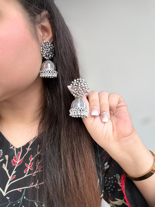 Regal Bloom Oxidized Jhumka Earrings