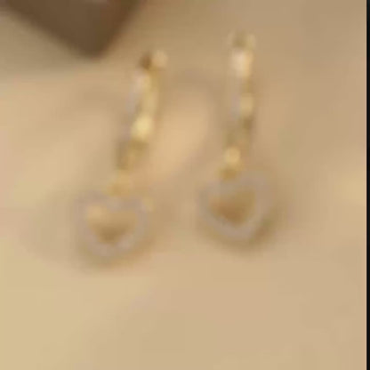 18K Golden Plated Copper Hoop Earrings with Heart Drop Pendant, Synthetic 3A Zirconia