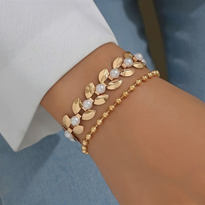 2pcs Elegant Golden Wheat-Shaped Bracelets with Pearls